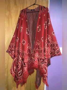 Other UK Red Patterned Fringe Poncho